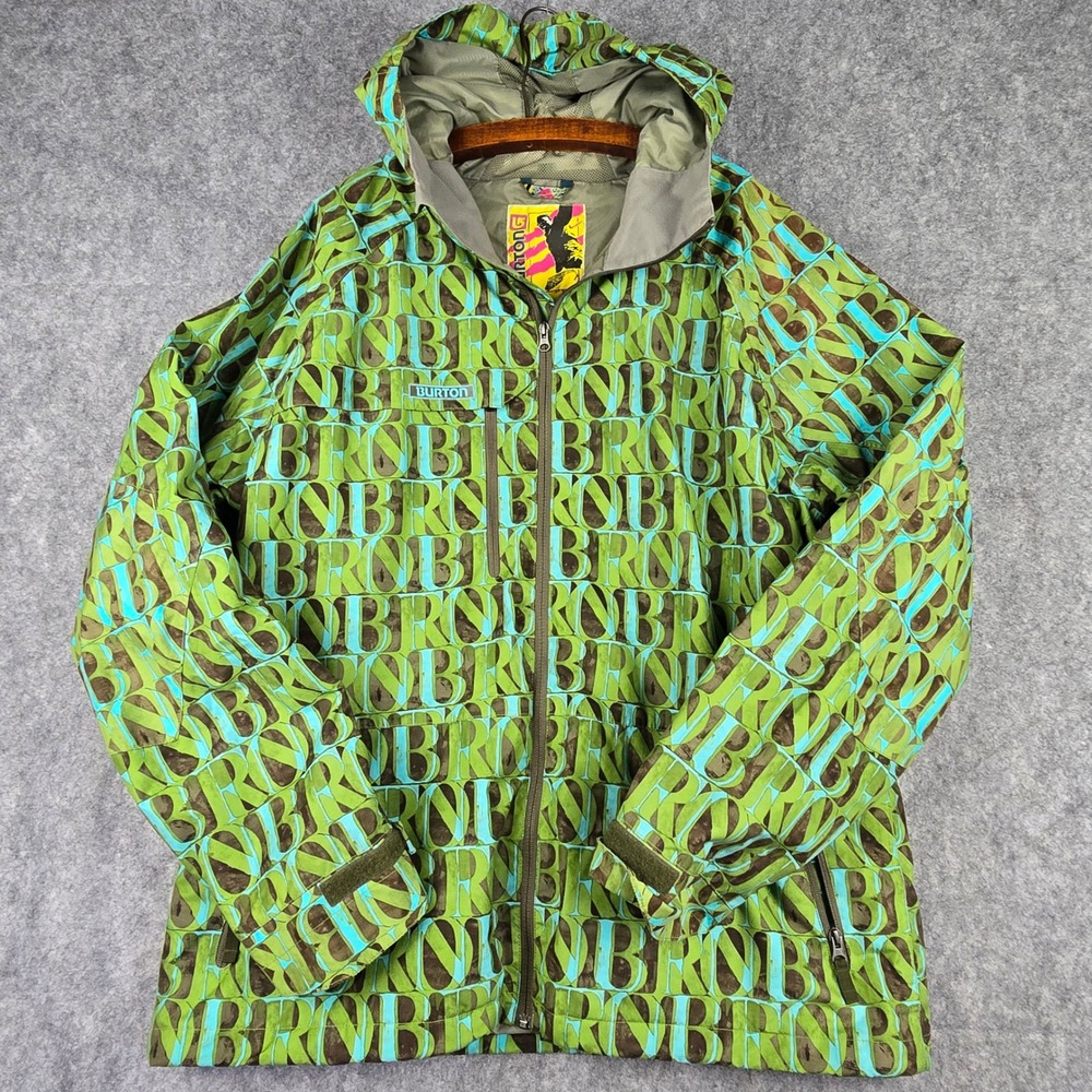 Burton Snowboard Jacket Mens L Green Teal All Over Logo Print Hooded Ski Coat - Picture 1 of 12